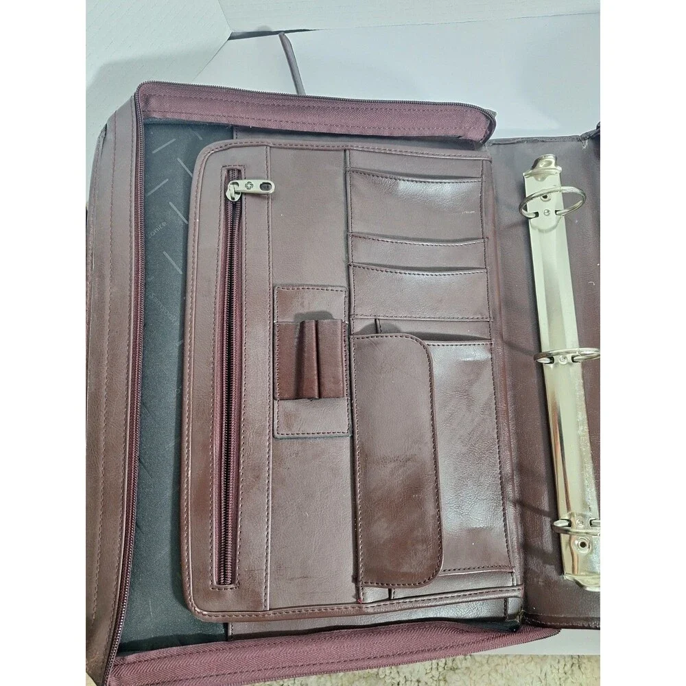 Vintage Samsonite 3 Ring Binder Notebook Genuine Leather Brown Zip Handles Zip